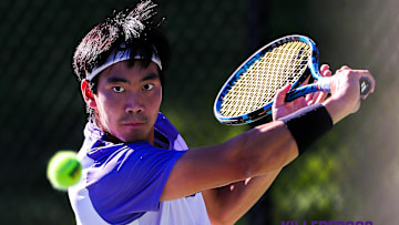 TCU's Duncan Chan in the second round of the NCAA Tournament. Chan would lose his singles match, but the Frogs were able to win the dual to advance to next week's Super Regional. 