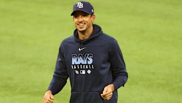 Oct 19, 2020; Arlington, Texas, USA;  Tampa Bay Rays pitcher Charlie Morton laughs before a workout session the day before the start of the World Series against the Los Angeles Dodgers at Globe Life Park. Mandatory Credit: Kevin Jairaj-Imagn Images
