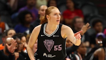 May 11, 2025; Phoenix, AZ, USA; Golden State Valkyries forward Chloe Bibby (55) against the Phoenix Mercury during a preseason game at PHX Arena. Mandatory Credit: Mark J. Rebilas-Imagn Images
