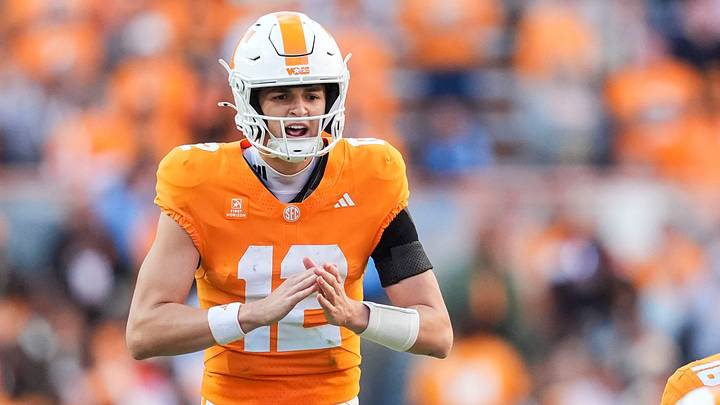 Tennessee quarterback George MacIntyre (12) yells before a play during a football game between Tennessee and Alabama at Neyland Stadium in Knoxville, Tenn., on Oct. 17, 2026.