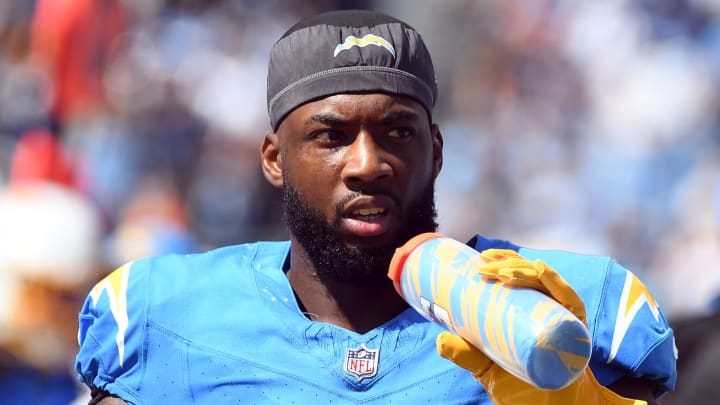 Sep 17, 2023; Nashville, Tennessee, USA; Los Angeles Chargers wide receiver Mike Williams (81) on the sideline during the second half against the Tennessee Titans at Nissan Stadium.