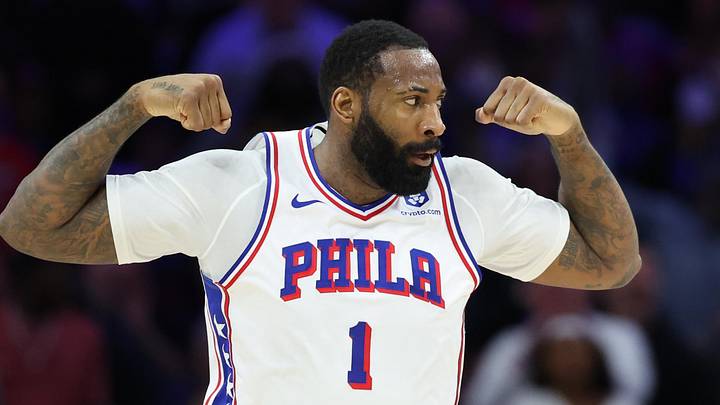 Apr 30, 2026; Philadelphia, Pennsylvania, USA; Philadelphia 76ers center Andre Drummond (1) reacts to his score against the Boston Celtics during the second quarter at Xfinity Mobile Arena. Mandatory Credit: Bill Streicher-Imagn Images