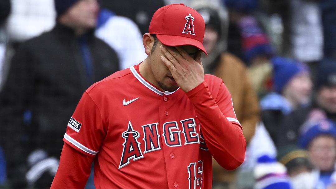 Apr 1, 2026; Chicago, Illinois, USA;  Los Angeles Angels pitcher Yusei Kikuchi (16) reacts after the Chicago Cubs scored during the third inning at Wrigley Field. Mandatory Credit: Matt Marton-Imagn Images