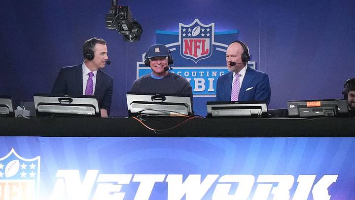 Mar 1, 2024; Indianapolis, IN, USA; NFL broadcasters Daniel Jeremiah (left) and Rich Eisen (right) with Indianapolis Colts general manager Chris Ballard (middle) in the NFL Network booth during the 2024 NFL Combine at Lucas Oil Stadium. Mandatory Credit: Kirby Lee-Imagn Images