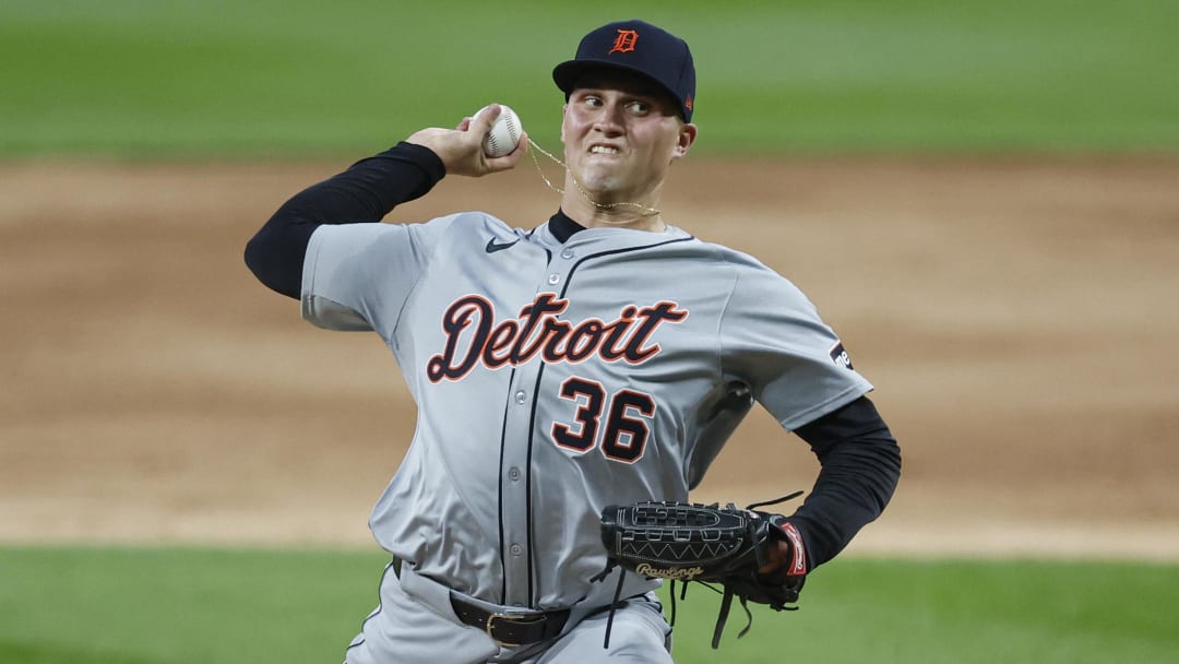 Aug 26, 2024; Chicago, Illinois, USA; Detroit Tigers starting pitcher Ty Madden (36) delivers a pitch against the Chicago White Sox during the second inning at Guaranteed Rate Field