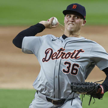 Aug 26, 2024; Chicago, Illinois, USA; Detroit Tigers starting pitcher Ty Madden (36) delivers a pitch against the Chicago White Sox during the second inning at Guaranteed Rate Field