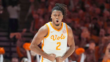Tennessee's Chaz Lanier (2) celebrates a three-point shot during a men’s college basketball game between Tennessee and Alabama at Thompson-Boling Arena at Food City Center, Saturday, March 1, 2025.