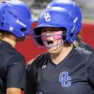 Oak Creek High School's Kennedy Christopher (20) reacts after scoring a run during a WIAA Division 1 state semifinal on Friday, June 9, 2023, at Goodman Softball Complex in Madison, Wis. Tork Mason/USA TODAY NETWORK-Wisconsin