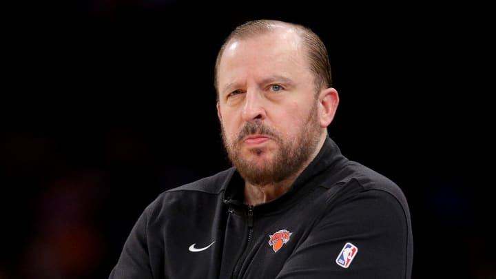 Mar 10, 2024; New York, New York, USA; New York Knicks head coach Tom Thibodeau coaches against the Philadelphia 76ers during the second quarter at Madison Square Garden. Mandatory Credit: Brad Penner-USA TODAY Sports