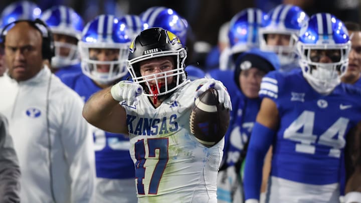 Kansas Jayhawks tight end Jared Casey reacts to a first down against the BYU Cougars.