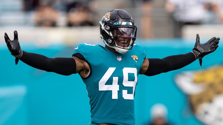 Dec 19, 2021; Jacksonville, Florida, USA; Jacksonville Jaguars linebacker Chapelle Russell (49) gestures before a kickoff during the first half against the Houston Texans at TIAA Bank Field. Mandatory Credit: Matt Pendleton-USA TODAY Sports