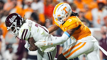 Tennessee defensive back Jermod McCoy (3) takes down Mississippi State wide receiver Mario Craver (7) during a college football game between Tennessee and Mississippi State at Neyland Stadium in Knoxville, Tenn., on Saturday, Nov. 9, 2024.