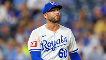 Aug 20, 2025; Kansas City, Missouri, USA; Kansas City Royals pitcher Lucas Erceg (60) reacts to a play during the seventh inning against the Texas Rangers at Kauffman Stadium. Mandatory Credit: William Purnell-Imagn Images
