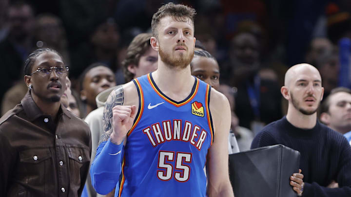Feb 22, 2026; Oklahoma City, Oklahoma, USA; Oklahoma City Thunder center/forward Isaiah Hartenstein (55) reacts after watching his team in a defensive play against the Cleveland Cavaliers during the second half at Paycom Center. Mandatory Credit: Alonzo Adams-Imagn Images