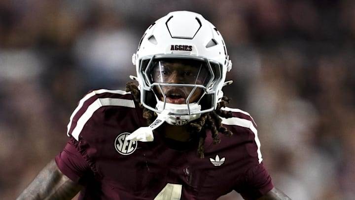 Oct 11, 2025; College Station, Texas, USA; Texas A&M Aggies cornerback Will Lee III (4) defends in coverage during the second half against the Florida Gators at Kyle Field. Mandatory Credit: Maria Lysaker-Imagn Images 