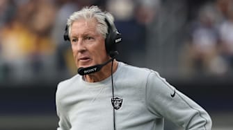 Nov 30, 2025; Inglewood, California, USA; Las Vegas Raiders head coach Pete Carroll during the first half at SoFi Stadium. Mandatory Credit: Kiyoshi Mio-Imagn Images
