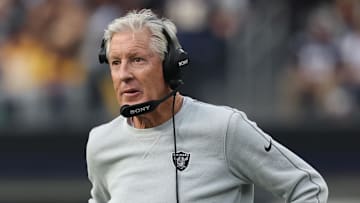 Nov 30, 2025; Inglewood, California, USA; Las Vegas Raiders head coach Pete Carroll during the first half at SoFi Stadium. Mandatory Credit: Kiyoshi Mio-Imagn Images