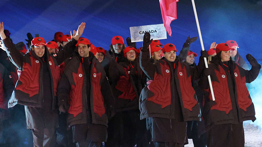thletes from Canada led by flag bearers Marielle Thompson and Mikael Kingsbury during the Opening Ceremony