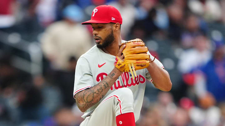 May 13, 2024; New York City, New York, USA; Philadelphia Phillies pitcher Christopher Sanchez (61) delivers a pitch against the New York Mets during the first inning at Citi Field.