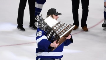 Jul 7, 2021; Tampa, Florida, USA; Tampa Bay Lightning goaltender Andrei Vasilevskiy (88) receives the Conn Smythe trophy after the Lightning defeated the Montreal Canadiens 1-0 in game five to win the 2021 Stanley Cup Final at Amalie Arena. Mandatory Credit: Douglas DeFelice-USA TODAY Sports