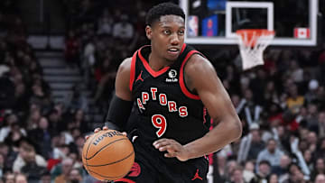 Mar 8, 2025; Toronto, Ontario, CAN; Toronto Raptors guard RJ Barrett (9) controls the ball against the Washington Wizards during the third quarter at Scotiabank Arena. Mandatory Credit: Nick Turchiaro-Imagn Images