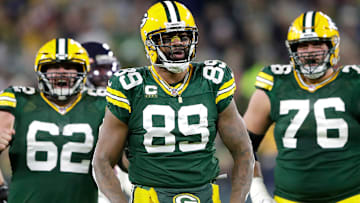 Green Bay Packers tight end Marcedes Lewis (89) celebrates a first-down reception against the Chicago Bears at Lambeau Field.
