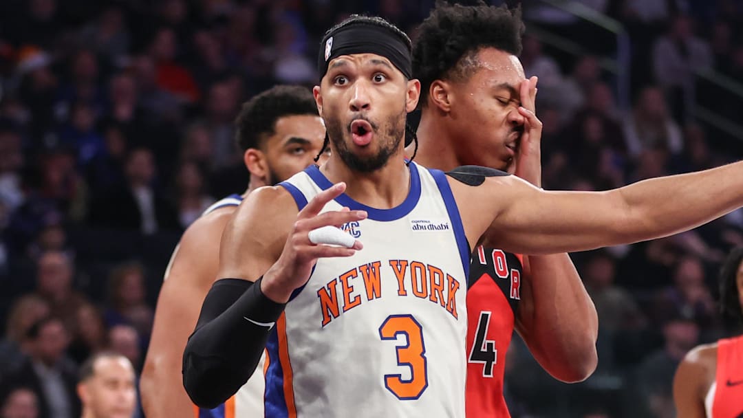 Nov 30, 2025; New York, New York, USA;  New York Knicks guard Josh Hart (3) reacts to a call in the first quarter against the Toronto Raptors at Madison Square Garden. Mandatory Credit: Wendell Cruz-Imagn Images