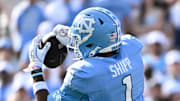 Sep 13, 2025; Chapel Hill, North Carolina, USA; North Carolina Tar Heels wide receiver Jordan Shipp (1) makes a catch in the second quarter at Kenan Stadium. Mandatory Credit: Bob Donnan-Imagn Images