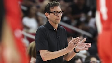 Atlanta Hawks head coach Quin Snyder reacts against the Houston Rockets.