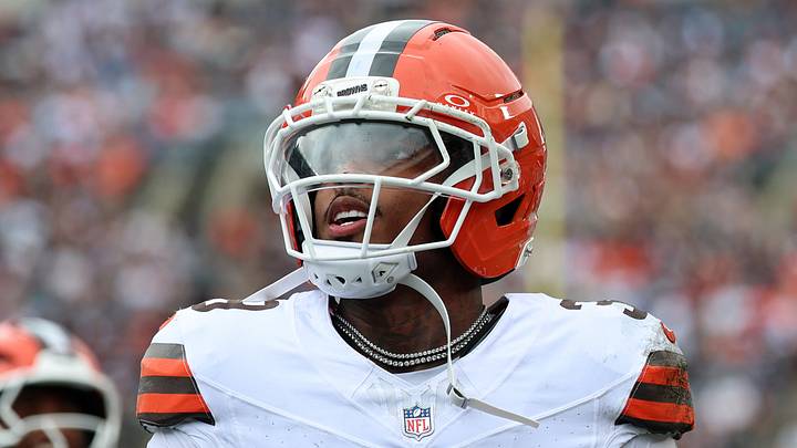 Aug 15, 2026; Chicago, Illinois, USA; Cleveland Browns cornerback Michael Coats Jr. (39) reacts after intercepting a pass against the Chicago Bears during the first half at Soldier Field. Mandatory Credit: Mike Dinovo-Imagn Images