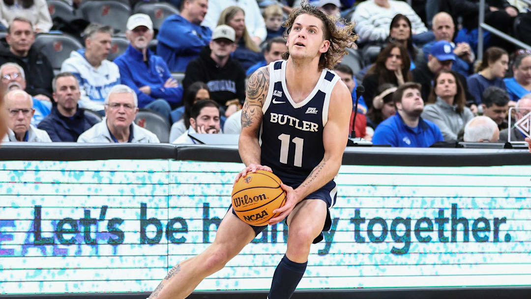 Jan 17, 2026; Newark, New Jersey, USA;  Butler Bulldogs guard Finley Bizjack (11) at Prudential Center. Mandatory Credit: Wendell Cruz-Imagn Images