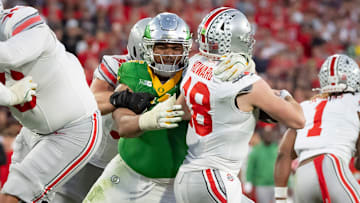 After a junior season in which he recorded 55 quarterback pressures, Derrick Harmon elevated himself into the first round, one of two Ducks taken.