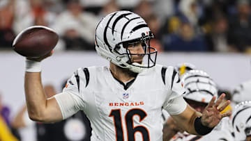Oct 16, 2025; Cincinnati, Ohio, USA; Cincinnati Bengals quarterback Joe Flacco (16) throws a pass against the Pittsburgh Steelers during the fourth quarter at Paycor Stadium. Mandatory Credit: Joseph Maiorana-Imagn Images