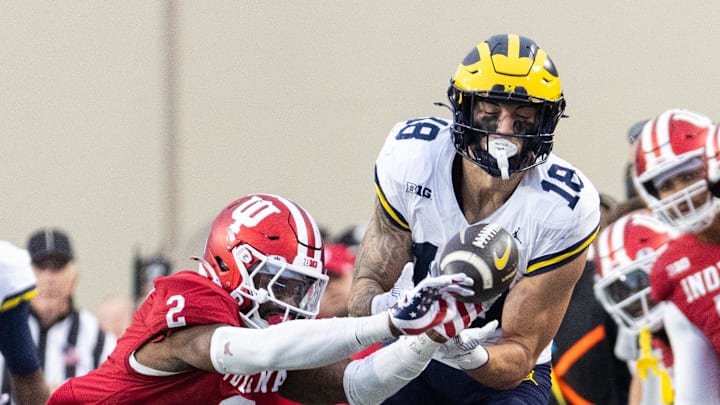 Nov 9, 2024; Bloomington, Indiana, USA; Indiana Hoosiers linebacker Jailin Walker (2) deflects the pass so Michigan Wolverines tight end Colston Loveland (18) can’t catch the ball in the second quarter at Memorial Stadium. Mandatory Credit: Trevor Ruszkowski-Imagn Images