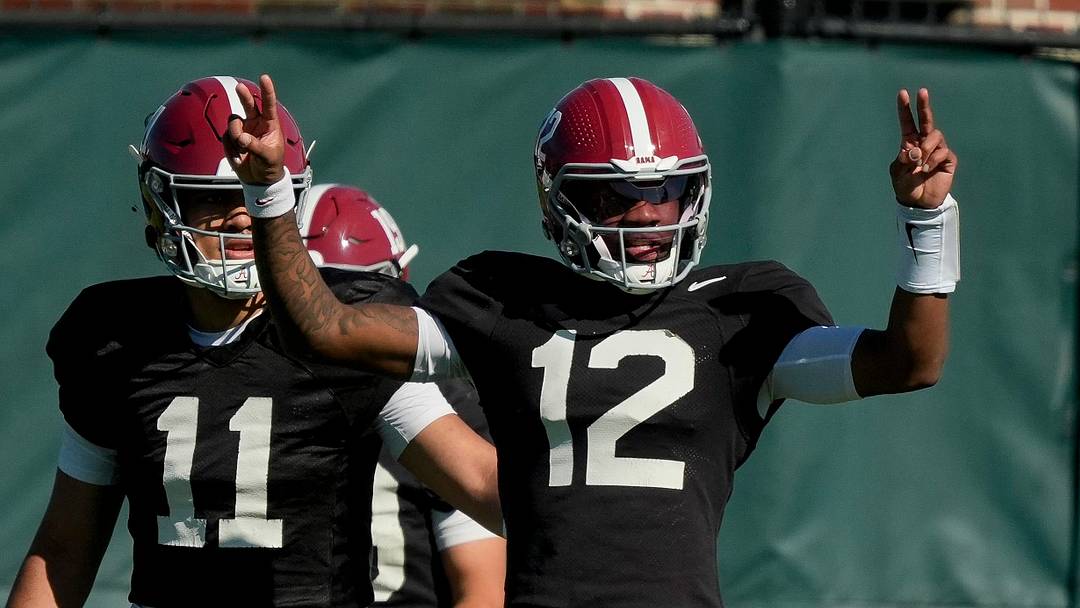 April 7, 2026; Tuscaloosa, AL, USA; Quarterback Keelon Russell signals to receivers during Spring Practice at the University of Alabama. April 7, 2026; Tuscaloosa, AL, USA; Quarterback Keelon Russell signals to receivers during Spring Practice at the University of Alabama.