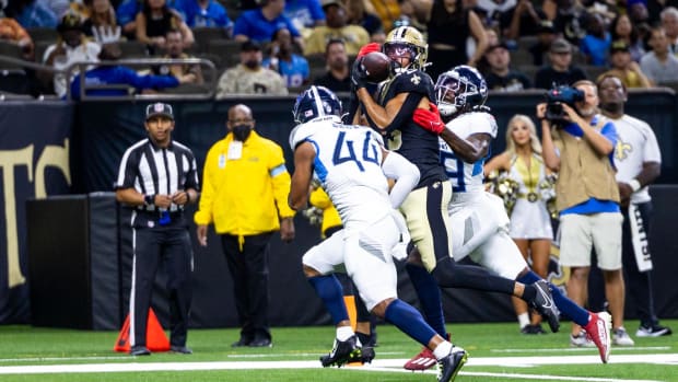 New Orleans Saints wide receiver Equanimeous St. Brown (13) catches a touchdown against the Tennessee Titans 