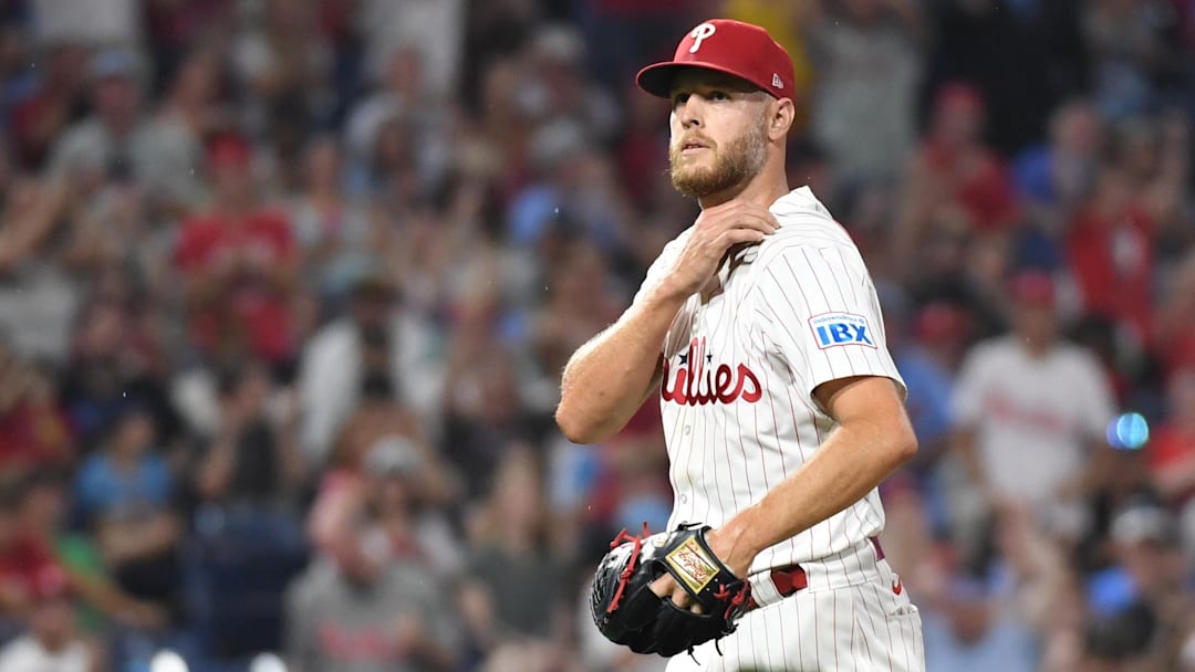 Jun 30, 2025; Philadelphia, Pennsylvania, USA; Philadelphia Phillies pitcher Zack Wheeler (45) walks off the field after pitching the eighth inning against the San Diego Padres at Citizens Bank Park. Mandatory Credit: Eric Hartline-Imagn Images
