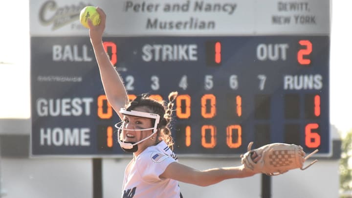 Whitesboro's Addison Cook pitches to a West Genesee batter in Section III's Class AA title game on May 30, 2024, at Carrier Park in DeWitt, New York.