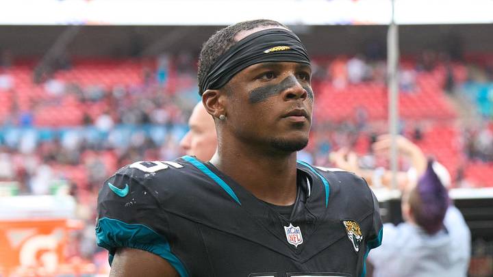Oct 1, 2023; London, United Kingdom;  Jacksonville Jaguars wide receiver Tim Jones (15) leaves the field after  the second half of an NFL International Series game at Wembley Stadium. 