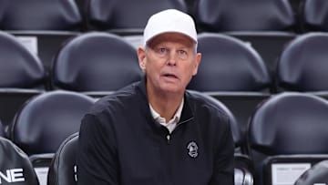Oct 27, 2025; Salt Lake City, Utah, USA; Utah Jazz CEO of basketball operations Danny Ainge watches the teams warm up before the game against the Phoenix Suns at Delta Center. Mandatory Credit: Rob Gray-Imagn Images
