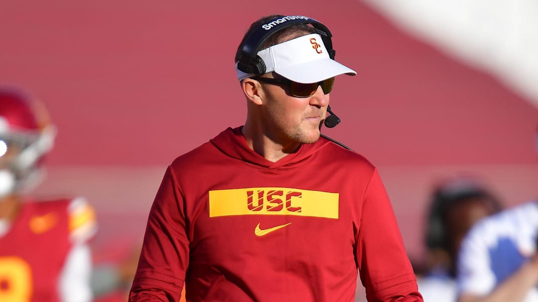 Nov 16, 2024; Los Angeles, California, USA; Southern California Trojans head coach Lincoln Riley watches game action against the Nebraska Cornhuskers during the second half at the Los Angeles Memorial Coliseum.