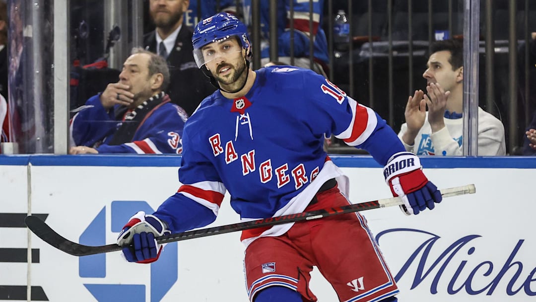 Feb 28, 2026; New York, New York, USA;  New York Rangers center Vincent Trocheck (16) reacts after scoring a goal during a shootout against the Pittsburgh Penguins at Madison Square Garden. Mandatory Credit: Wendell Cruz-Imagn Images