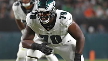 Aug 7, 2025; Philadelphia, Pennsylvania, USA; Philadelphia Eagles offensive tackle Myles Hinton (78) blocks against the Cincinnati Bengals at Lincoln Financial Field.