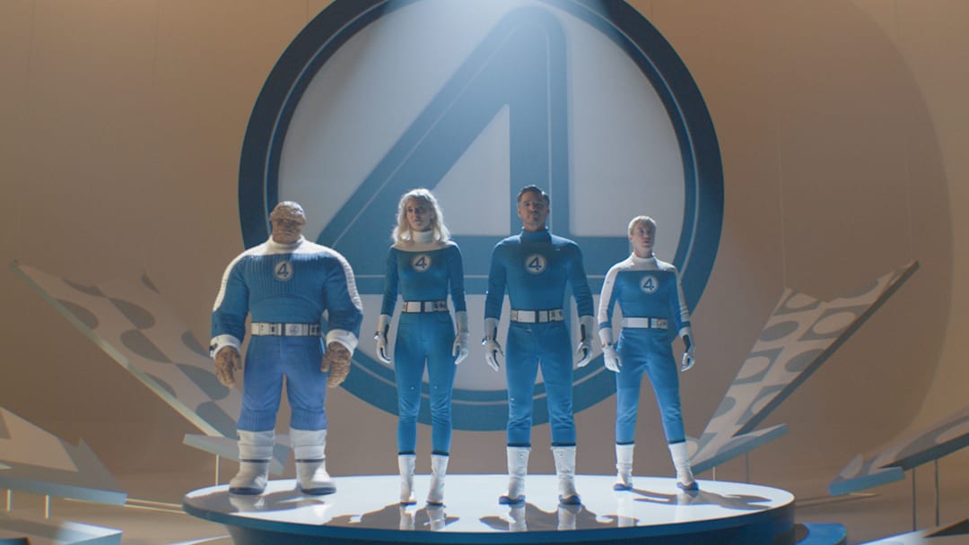 (L-R): Ebon Moss-Bachrach as Ben Grimm/The Thing, Vanessa Kirby as Sue Storm/Invisible Woman, Pedro Pascal as Reed Richards/Mister Fantastic and Joseph Quinn as Johnny Storm/Human Torch in 20th Century Studios/Marvel Studios' THE FANTASTIC FOUR: FIRST STEPS. Photo courtesy of 20th Century Studios/Marvel Studios. © 2025 20th Century Studios / © and ™ 2025 MARVEL.