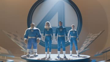 (L-R): Ebon Moss-Bachrach as Ben Grimm/The Thing, Vanessa Kirby as Sue Storm/Invisible Woman, Pedro Pascal as Reed Richards/Mister Fantastic and Joseph Quinn as Johnny Storm/Human Torch in 20th Century Studios/Marvel Studios' THE FANTASTIC FOUR: FIRST STEPS. Photo courtesy of 20th Century Studios/Marvel Studios. © 2025 20th Century Studios / © and ™ 2025 MARVEL.