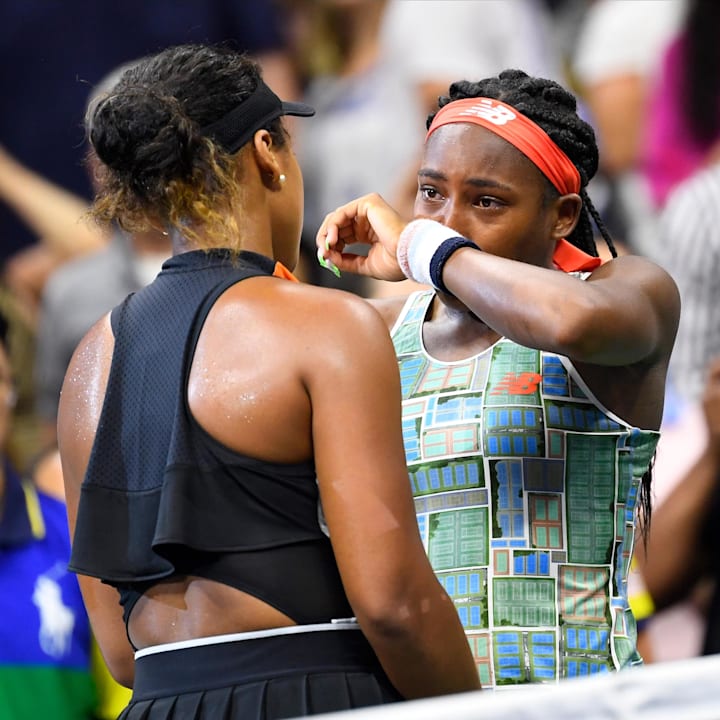 Naomi Osaka of Japan consoles Coco Gauff after their third round match on day six of the 2019 U.S. Open