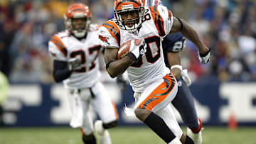 Oct 5, 2003; Orchard Park, NY, USA; FILE PHOTO; Cincinnati Bengals wide receiver Peter Warrick (80) in action against the Buffalo Bills at Ralph Wilson Stadium.  Mandatory Credit: MPS-Imagn Images