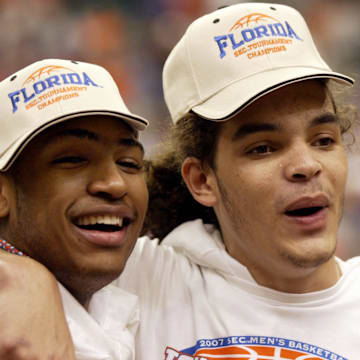 Gators forward Joakim Noah celebrates with Al Horford after winning the SEC Tournament championship in 2007.