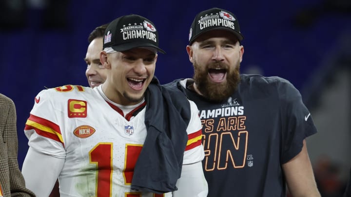 Travis Kelce and Patrick Mahomes celebrate another Super Bowl win