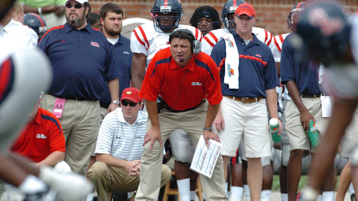 Sept 9, 2006; Columbia, MO, USA; Mississippi Rebels head coach Ed Orgeron watches from the sidelines against the Missouri Tigers in the first half at Memorial Stadium in Columbia, MO.  Mandatory Credit: John Rieger-Imagn Images Copyright (c) 2006 John Rieger